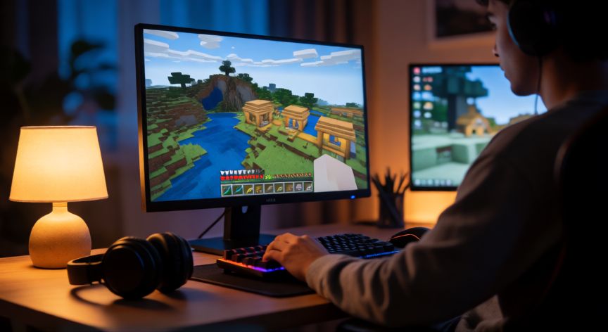 que es un minecraft realm, Jugador en su habitación jugando Minecraft Realm con amigos por la noche