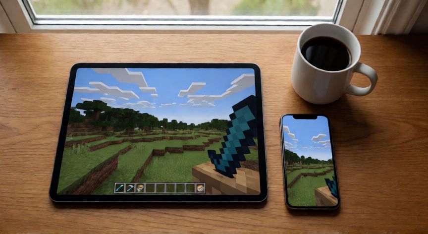 que es un minecraft realm, Tablet y móvil mostrando el mismo mundo de Minecraft Realm en distintas plataformas
