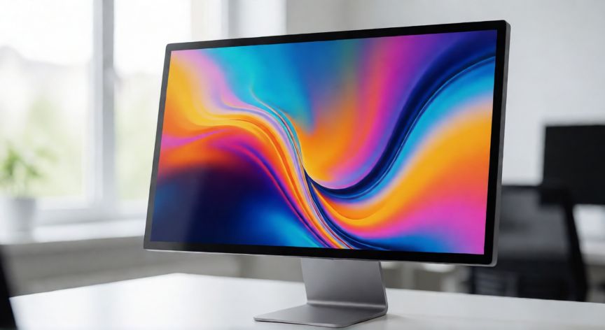 Monitor de computadora moderno sobre escritorio de oficina