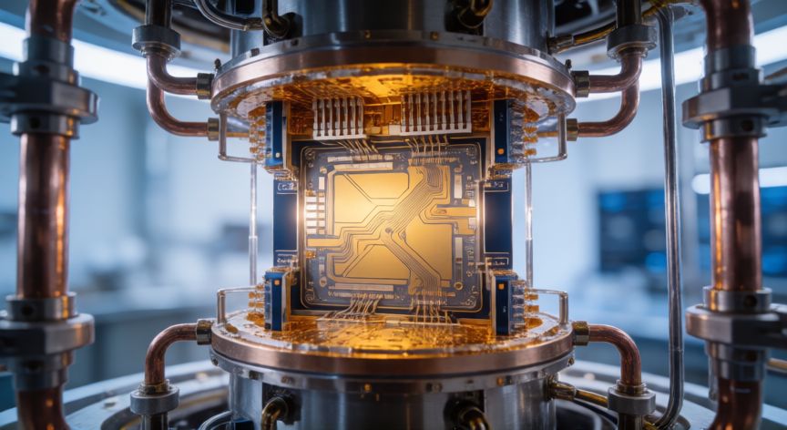 que es un ordenador cuantico, Procesador cuántico superconductor en un sistema de refrigeración criogénica