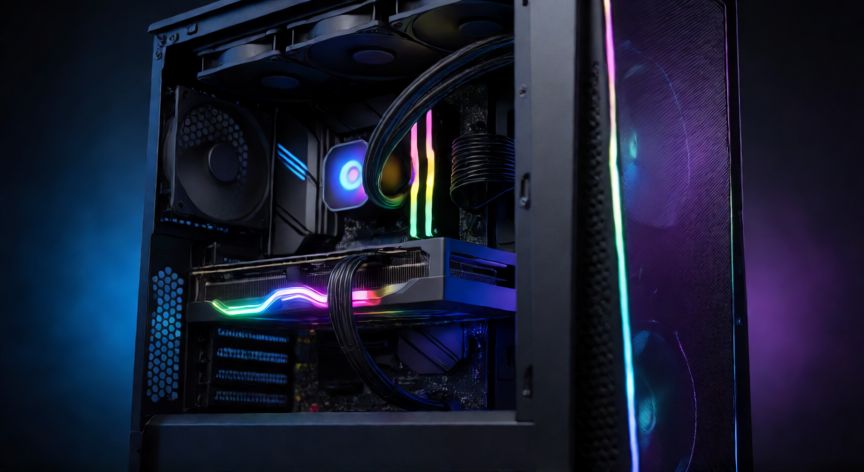 que es un ordenador gaming, Vista interna de una torre de ordenador gaming con componentes RGB
