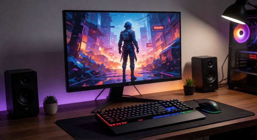 que es un ordenador gaming, Configuración de escritorio con monitor gaming y periféricos mecánicos
