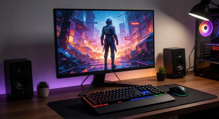 que es un ordenador gaming, Escritorio completo de gaming con monitor curvo, teclado mecánico RGB y periféricos gamer