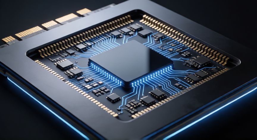 que es un ordenador grafico, Chip de GPU con circuitos iluminados en azul