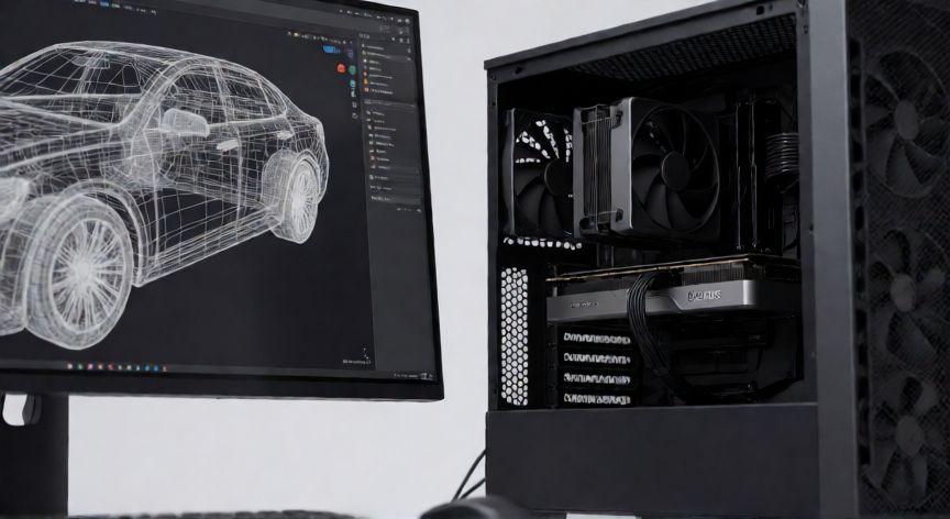 que es un ordenador grafico ejemplos, Estación de trabajo con tarjeta gráfica avanzada mostrando un modelo 3D en el monitor