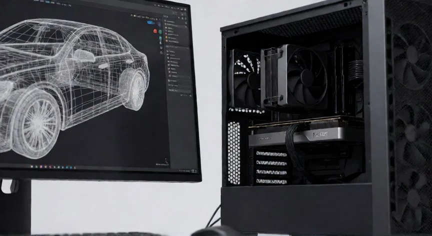 que es un ordenador grafico ejemplos, Estación de trabajo con tarjeta gráfica avanzada mostrando un modelo 3D en el monitor