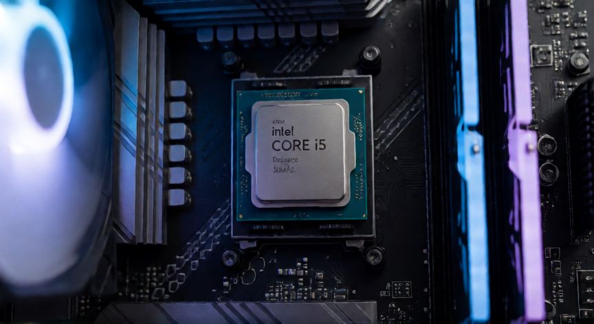 que es un ordenador i5, Procesador Intel Core i5 instalado en una placa base con iluminación RGB