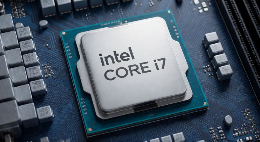 que es un ordenador i7, Procesador Intel Core i7 montado en una placa base con detalles del disipador de calor