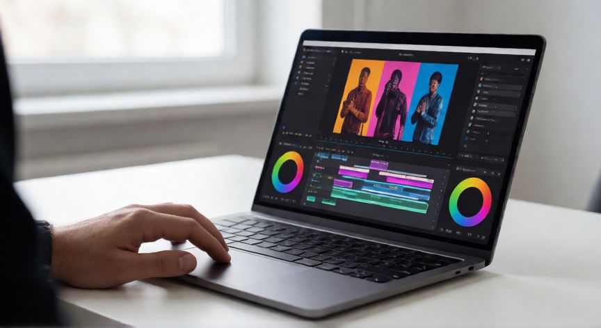 que es un ordenador i7, Editor de vídeo profesional trabajando en una laptop con procesador i7 mostrando software de edición