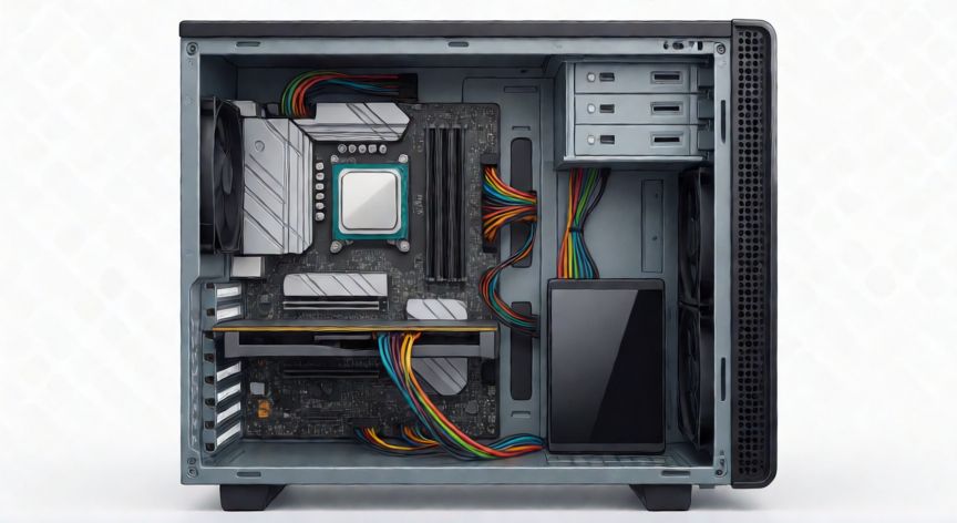 que es un ordenador informatico, Vista interna de un ordenador de sobremesa mostrando la placa base, el procesador y la memoria RAM