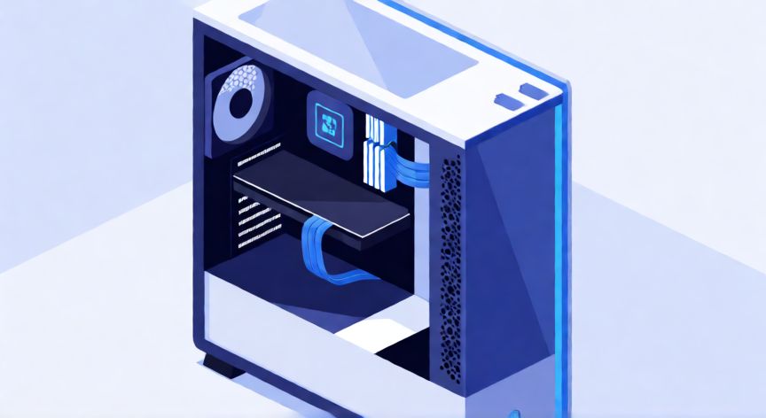 que es un ordenador o computadora, Vista isometrica de una computadora de escritorio con componentes internos visibles