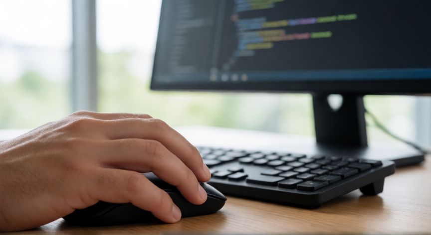 que es un ordenador o computadora, Persona usando teclado y raton frente a un monitor con codigo