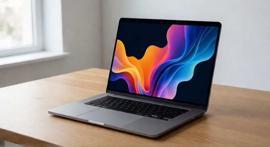 que es un ordenador portatil, Ordenador portatil moderno abierto sobre un escritorio de madera con pantalla activa