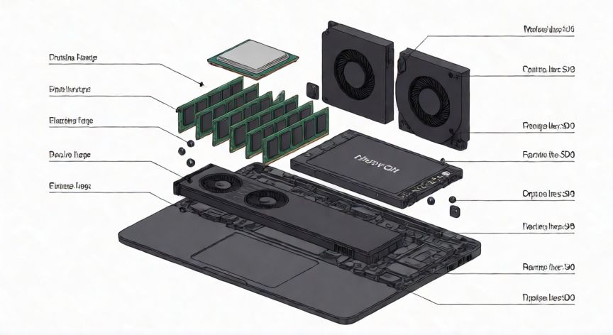 que es un ordenador portatil, Diagrama tecnico de los componentes internos de un ordenador portatil incluyendo CPU, RAM y SSD