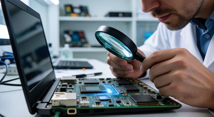 que es un ordenador reacondicionado, Técnico revisando la placa base de un ordenador reacondicionado en laboratorio
