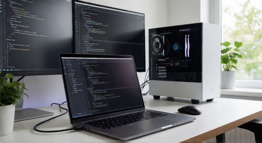 que es un ordenador reacondicionado, Espacio de trabajo moderno con un ordenador portátil y de sobremesa reacondicionados