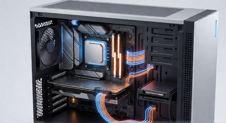 que es un ordenador y como funciona, Vista interna de un ordenador mostrando la CPU, memoria RAM y disco de almacenamiento