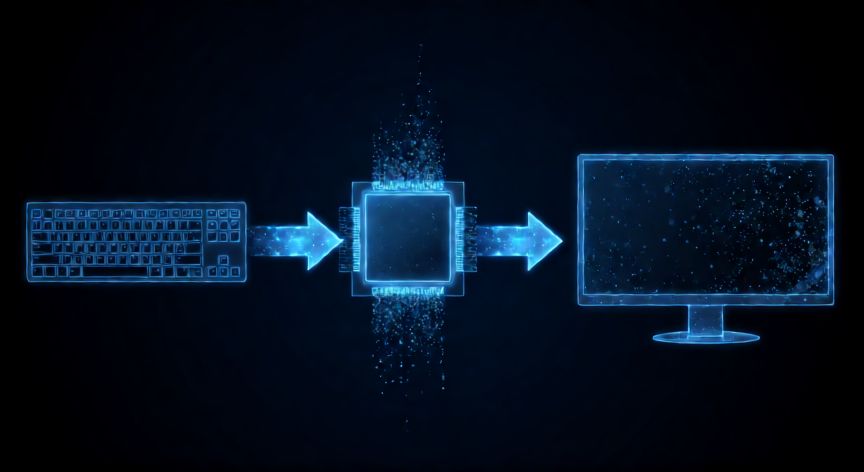 que es un ordenador y como funciona, Diagrama conceptual del flujo de datos desde la entrada hasta la salida en un sistema informático