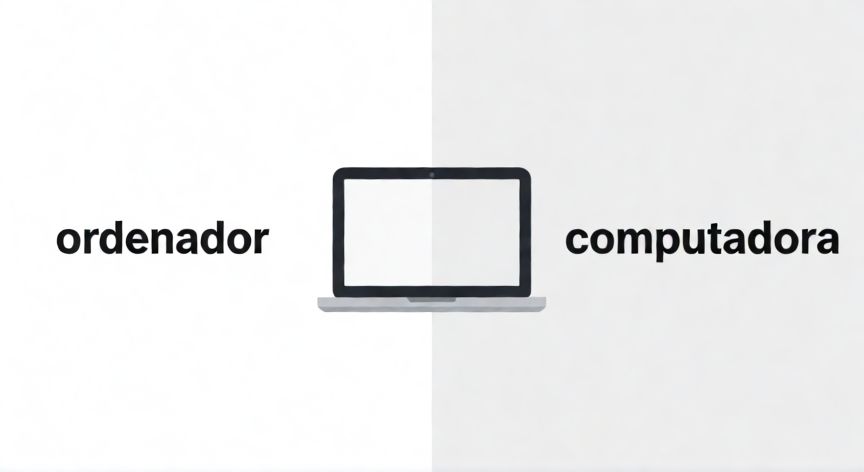 ¿qué es un ordenador y computadora, Comparación visual de los términos ordenador y computadora apuntando a la misma laptop