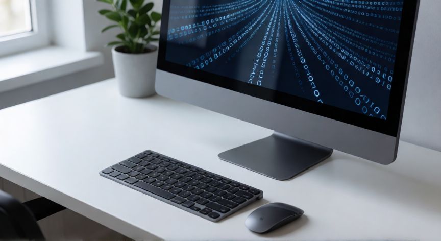 qué es un ordenador y cuáles son sus funciones, Ordenador de escritorio mostrando código binario en la pantalla