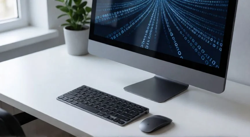 Ordenador de escritorio mostrando código binario en la pantalla