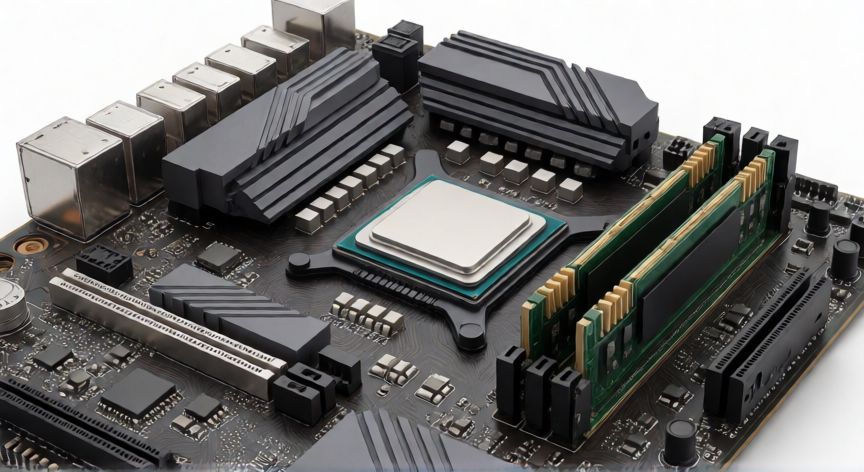que es un ordenador y sus componentes, Vista técnica de la placa base con procesador y memoria RAM instalada