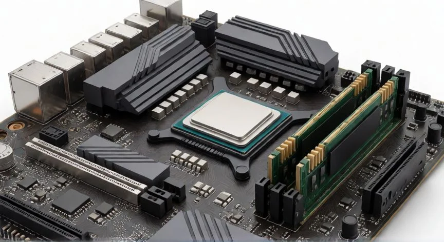 que es un ordenador y sus componentes, Vista técnica de la placa base con procesador y memoria RAM instalada
