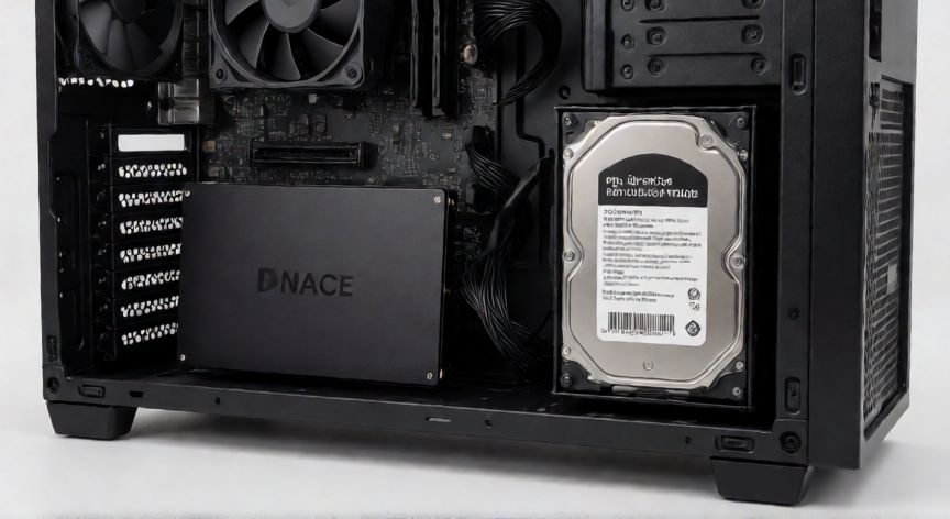 que es un ordenador y sus componentes, Unidades de almacenamiento SSD y HDD instaladas dentro de una torre de ordenador