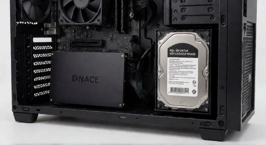 que es un ordenador y sus componentes, Unidades de almacenamiento SSD y HDD instaladas dentro de una torre de ordenador