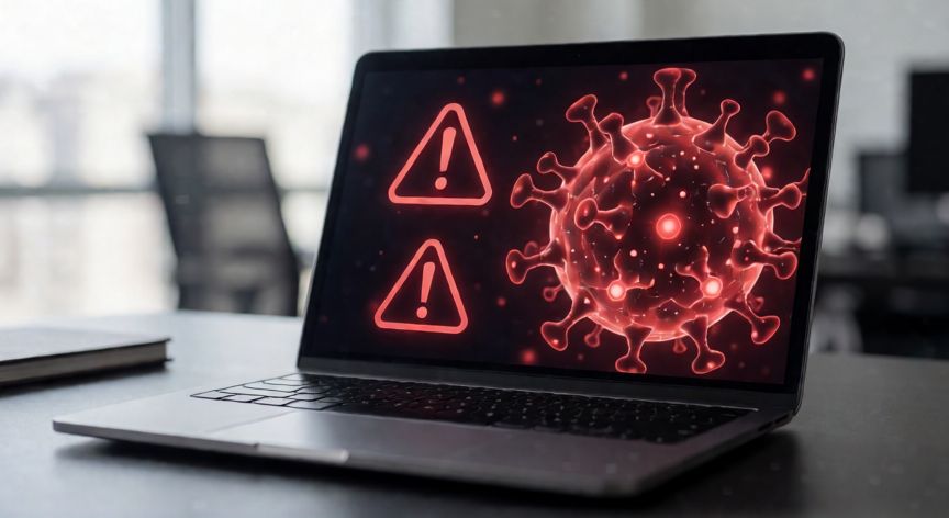 que es un virus tecnologia, Pantalla de un portátil con símbolo de alerta de virus informático sobre fondo oscuro