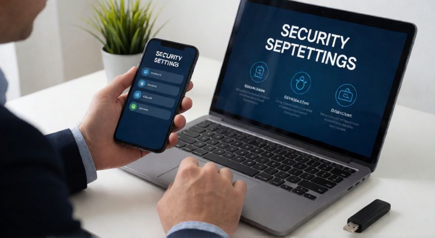 que es un virus tecnologia, Persona revisando seguridad de dispositivos con teclado, móvil y memoria USB