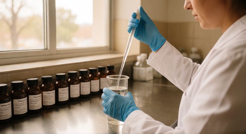 que es una formula oficinal, Farmacéutico preparando una fórmula oficial en laboratorio de farmacia con matraces y probetas