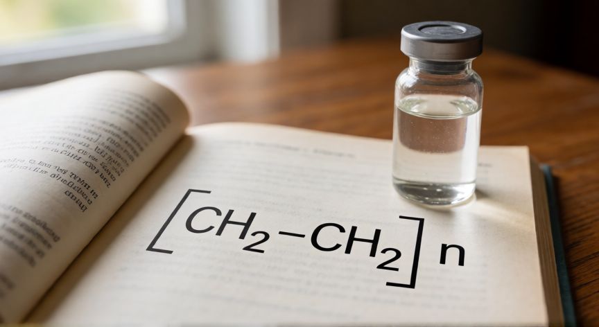 Página de libro de química con la fórmula polimérica del polietileno [CH2-CH2]n dibujada y un frasco de etileno al lado