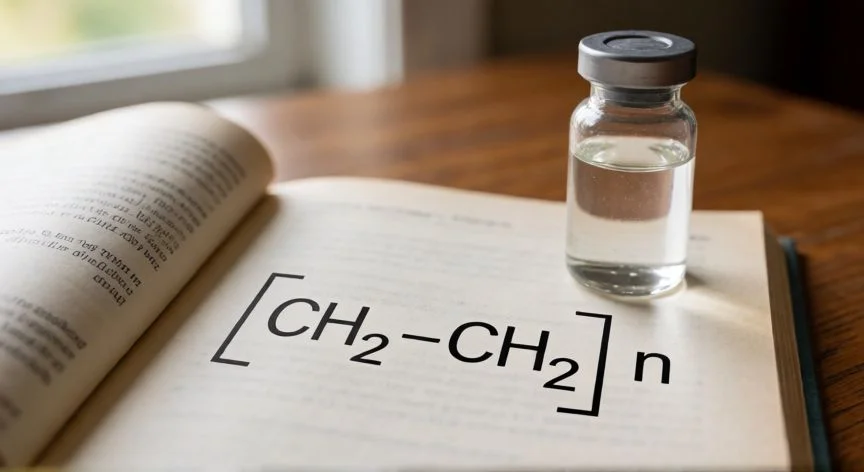 Página de libro de química con la fórmula polimérica del polietileno [CH2-CH2]n dibujada y un frasco de etileno al lado
