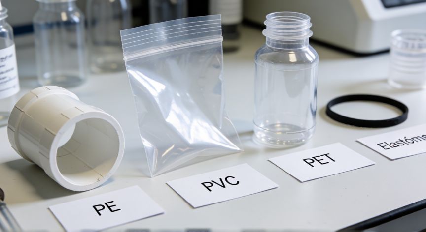 que es una formula polimérica, Muestras de polímeros PE, PVC, PET y elastómero dispuestas sobre una mesa de laboratorio con tarjetas de identificación