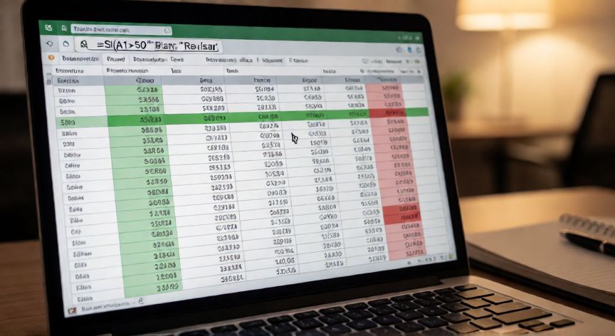 que es una formula y como se escribe en excel, Pantalla de portátil mostrando una hoja de Excel con fórmulas condicionales y formato condicional aplicado