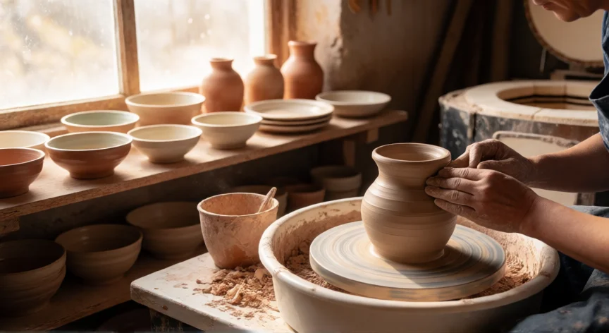 que es y como se fabrica un producto artesanal, Taller de cerámica artesanal con torno de alfarero y piezas de barro en proceso de modelado