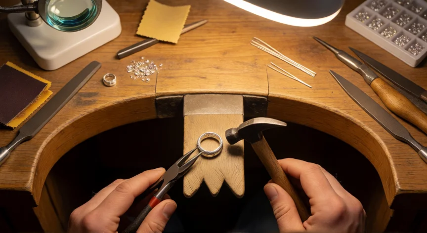 que es y como se fabrica un producto artesanal, Manos de joyero trabajando un anillo de plata con herramientas manuales sobre yunque de cuero
