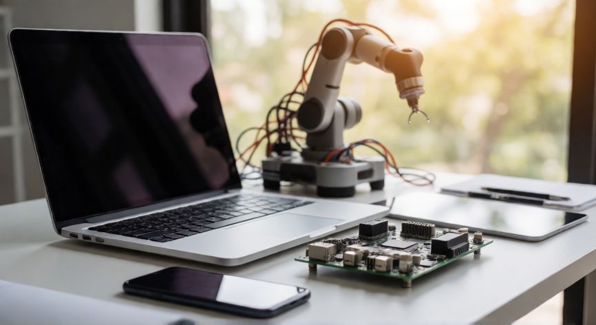 qué estudia la tecnología, Espacio de trabajo moderno con dispositivos tecnológicos y componentes electrónicos