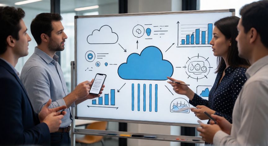qué estudia la tecnología, Equipo analizando soluciones tecnológicas en una oficina moderna