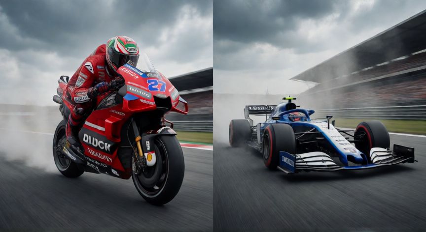 que formula 1 es francesco, Comparación visual entre una moto MotoGP y un monoplaza de Fórmula 1 en circuito