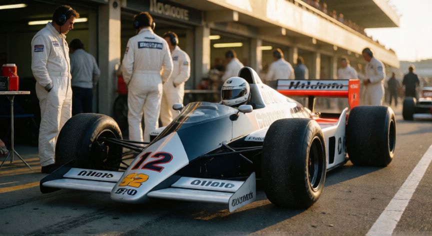 que formula 1 es francesco, Monoplaza de Fórmula 1 de los años 80 en el pit lane, época de Alain Prost