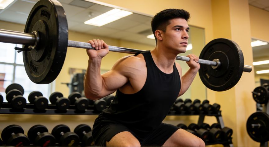 que formula ayuda a subir de peso, Hombre realizando sentadillas con barra en el gimnasio como parte de su rutina para ganar masa muscular