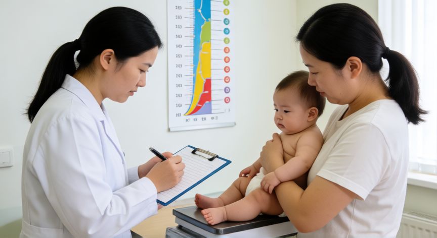 que formula ayuda a subir de peso a un bebe, Pediatra revisando las curvas de crecimiento de un bebé en consulta