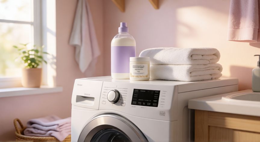que formula confort es mejor, Juego de productos de cuidado textil de la línea Confort con suave luz natural en una lavandería moderna