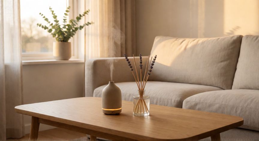 que formula confort es mejor, Ambiente hogareño con difusor de aromas naturales y ambientador de la gama Confort en una sala de estar luminosa