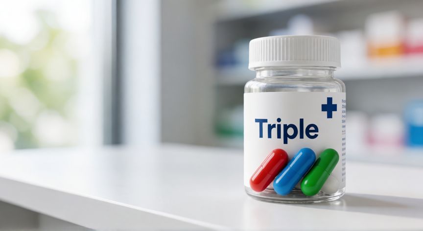 que formula contiene alli triple, Frasco de producto Triple con tres cápsulas de colores visibles en mostrador de farmacia