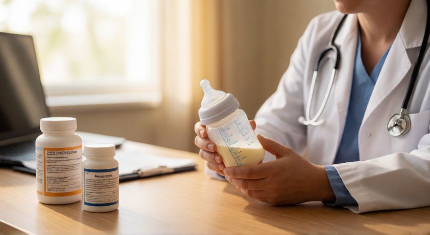 que formula cubre el wic, Médico de pediatría mostrando una fórmula infantil en una consulta con suplementos nutricionales sobre la mesa