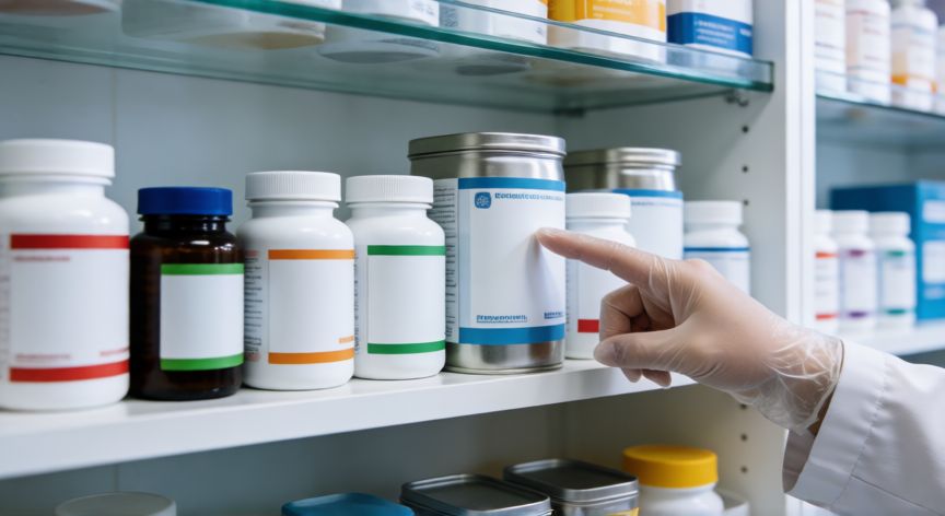 que formula cubre el wic, Estantería de farmacia con productos de suplementación nutricional y fórmulas, mano de farmacéutico señalando un producto