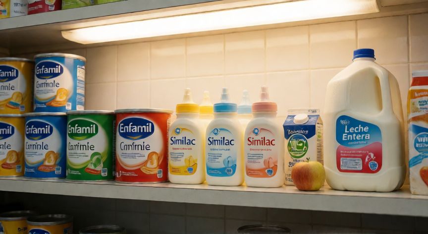 que formula da el wic, Estante de un centro WIC con latas de fórmula infantil Enfamil y Similac, leche entera y yogur